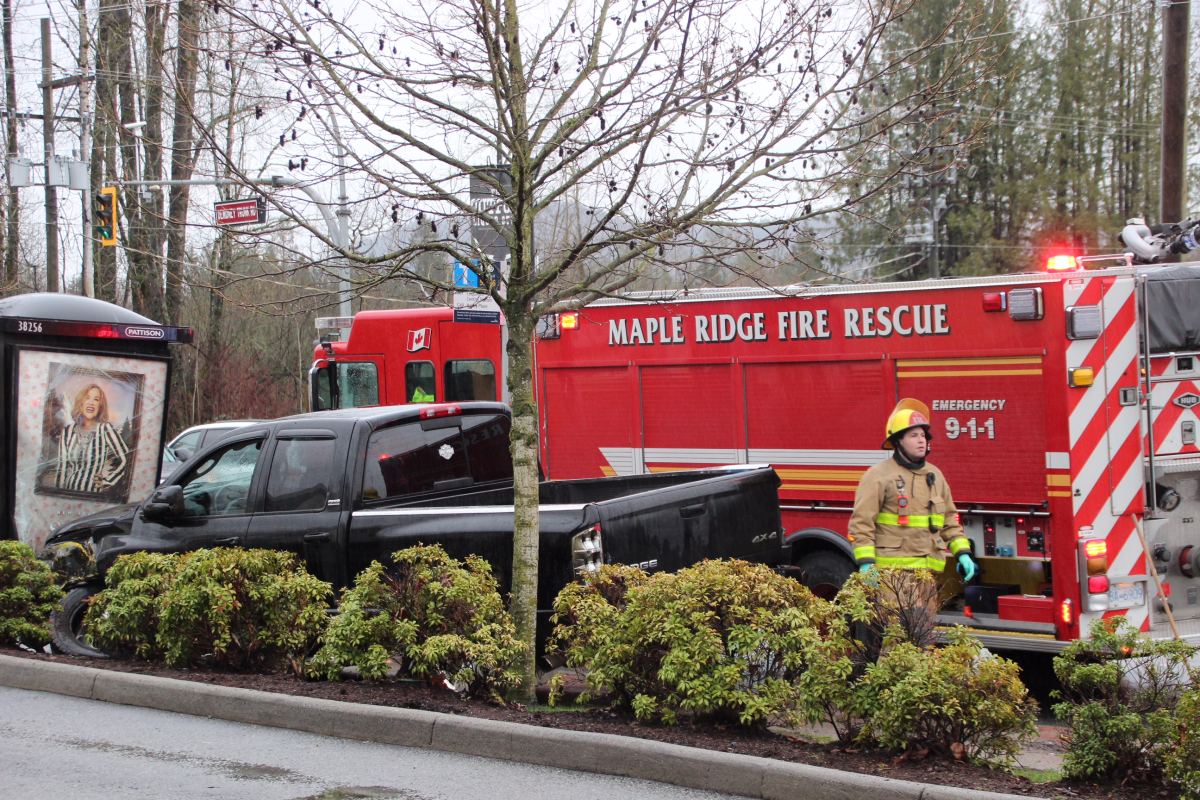 A pickup truck at the scene of a vehicle crash in Maple Ridge on Feb. 1, 2018.