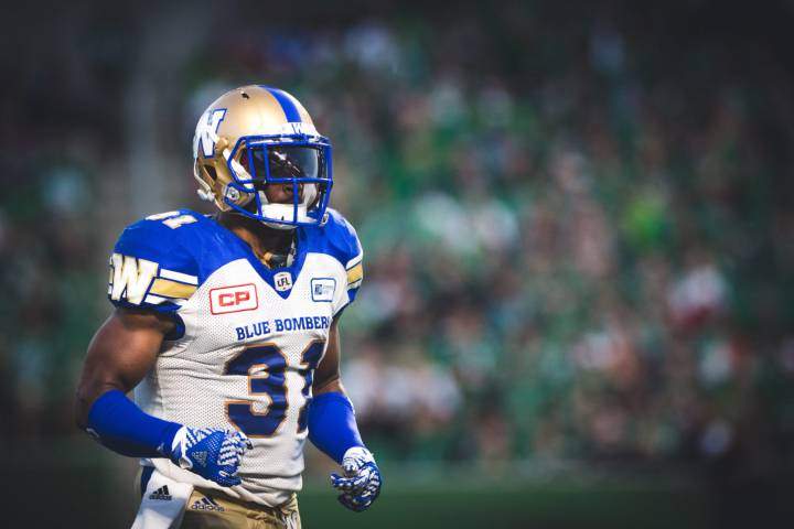 Maurice Leggett (31) of the Winnipeg Blue Bombers during the game at New Mosaic Stadium in Regina, SK, Saturday, July 1st, 2017. (Photo: Johany Jutras).