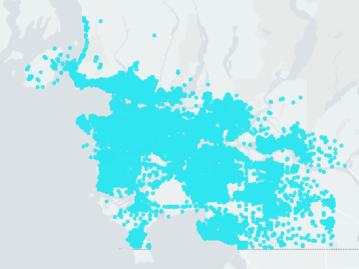 A map of Metro Vancouver shows all the places where tourists have opened up the Uber app in the last two years.