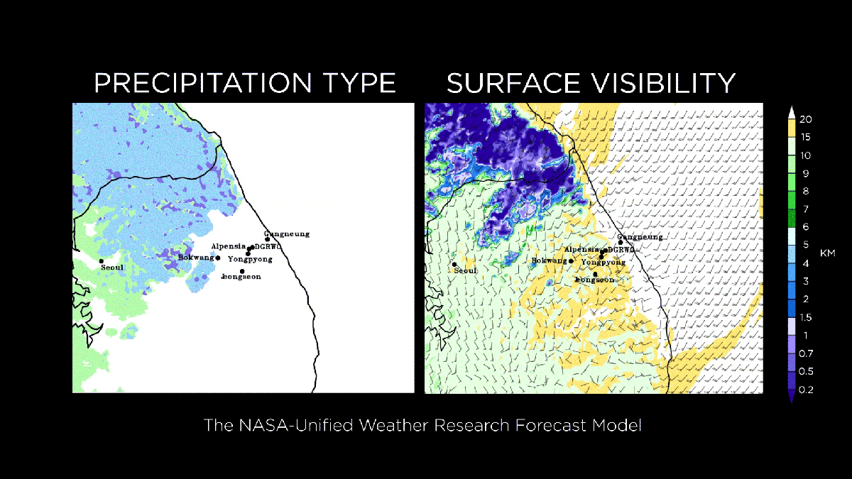 The NASA-Unified Weather Research Forecast Model (NU-WRF) is one of five real-time research forecast models being used in ICE-POP. The animation is a NU-WRF model output that shows a snow event on Jan. 14, 2018 in South Korea.