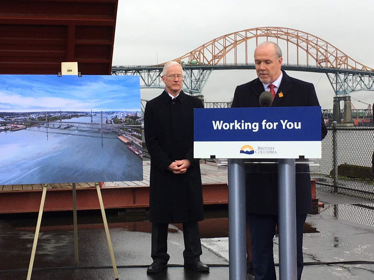 Premier John Horgan speaks of plans to replace the Pattullo Bridge in February, 2018.