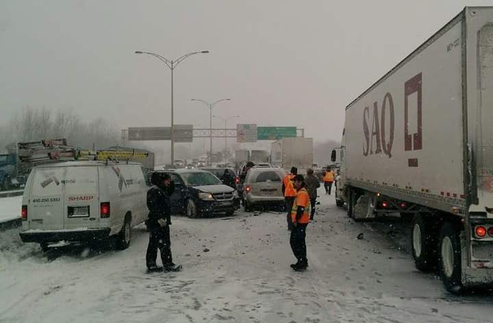 About 50 vehicles were involved in a pile-up near Mont-Saint-Hilaire, Weds., Feb. 7, 2018.