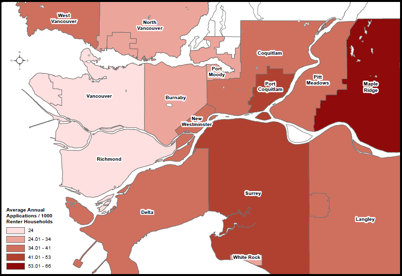 This map shows annual applications for dispute resolution per 1,000 renter households across Metro Vancouver from 2006 to 2017.