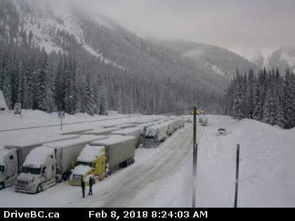 Dozens of semis parking along the side of the Trans Canada because of a high avalanche hazard.