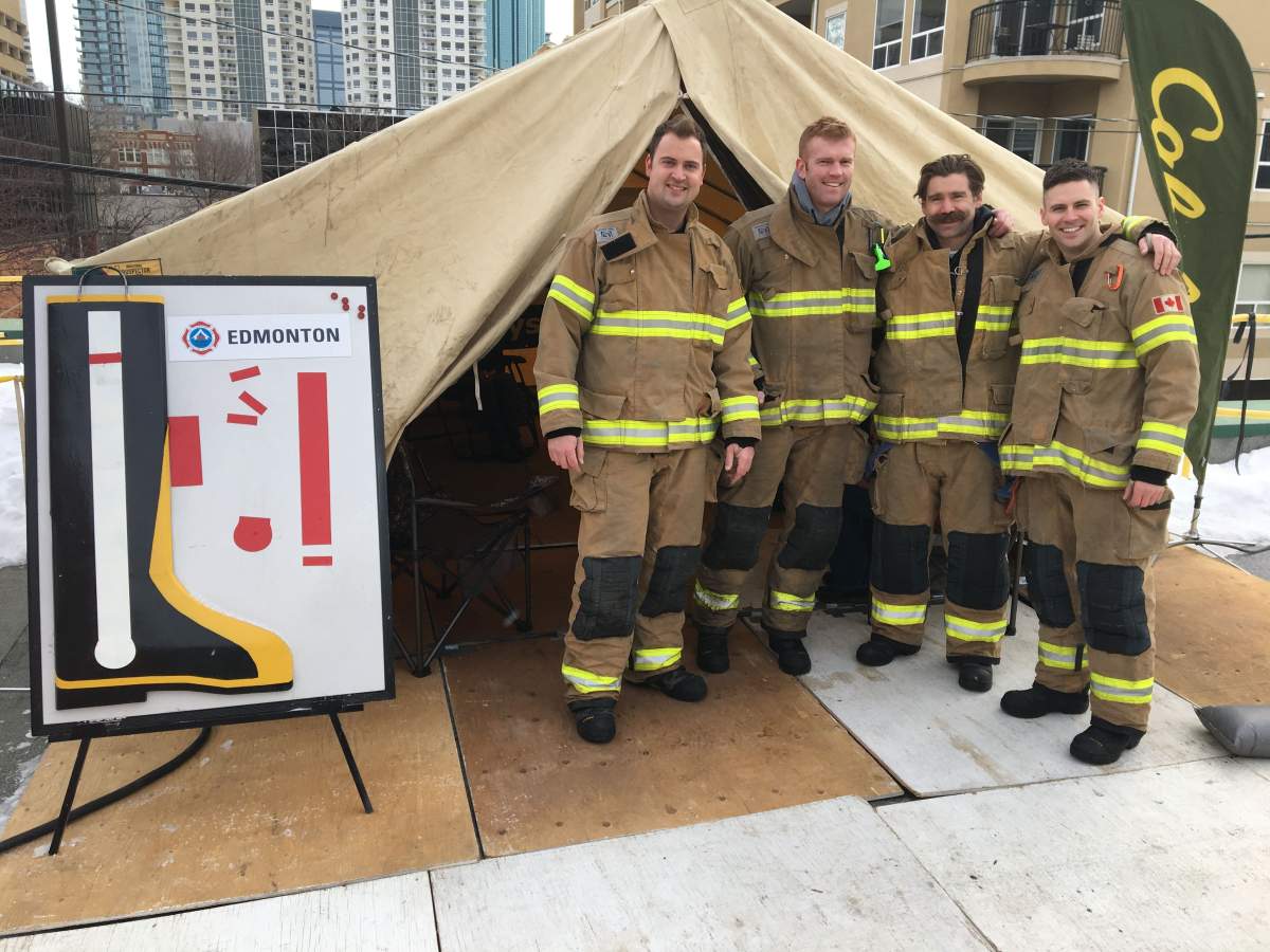Edmonton firefighters participate in the annual Rooftop Campout, a fundraiser for Muscular Dystrophy, Monday, Feb. 26, 2018. 