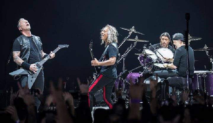 James Hetfield, Kirk Hammett, Robert Trujillo and Lars Ulrich of Metallica perform in concert on Feb. 7, 2018, in Spain.