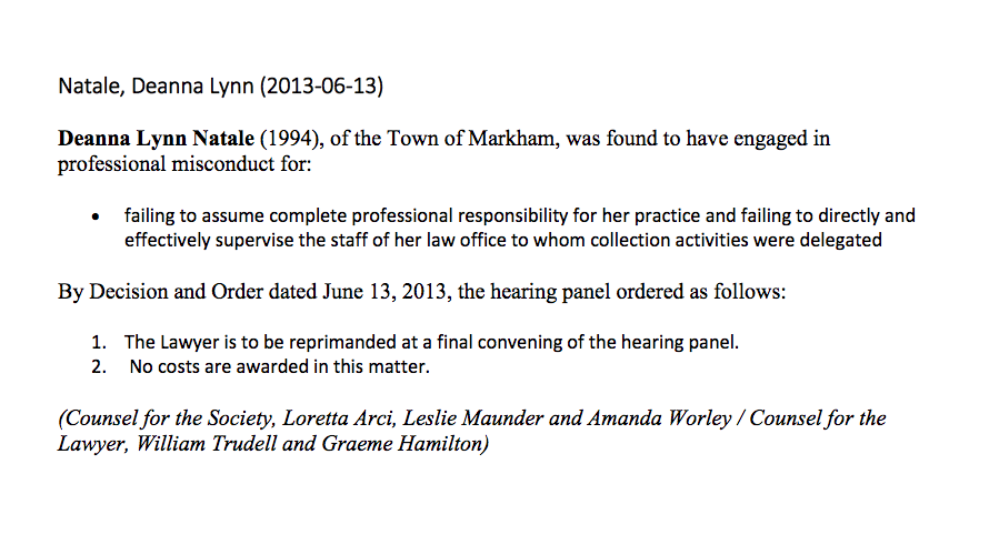 Law Society Tribunal post concerning lawyer Deanna Natale, who is running for the Ontario Liberals as Deanna Sgro.