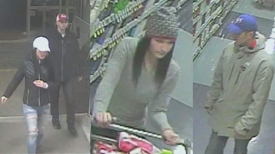 RCMP are looking for four suspects who allegedly tried to steal two grocery carts full of unpaid products from a Sobeys in Shediac, N.B.