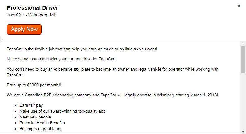 Ridesharing company TappCar has started to advertise jobs in Winnipeg as it expands to Manitoba.