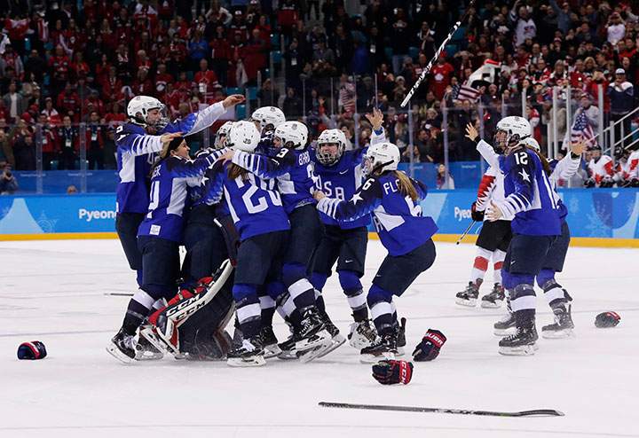 United States celebrates winning gold in the women’s hockey game against Canada at the 2018 Winter Olympics in Gangneung, South Korea, Feb. 22, 2018.
