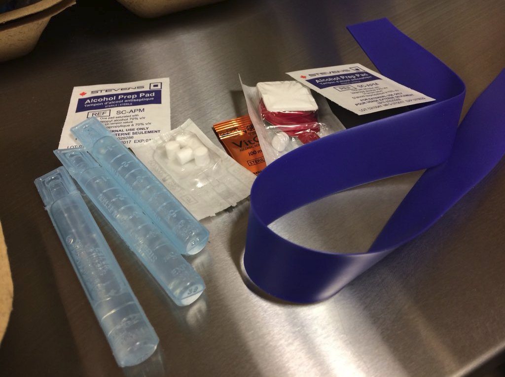 An injection kit which contains a tourniquet , alcohol swabs, a cooker with a filter, extra filters, and sterile water. 