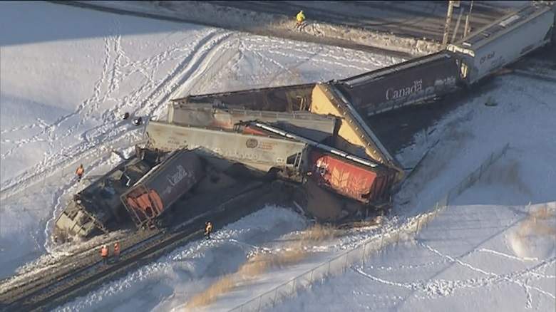 The Global 1 News helicopter caught images of the scene after several cars went off the tracks in south Edmonton when a train derailed across Ellerslie Road on Friday.
