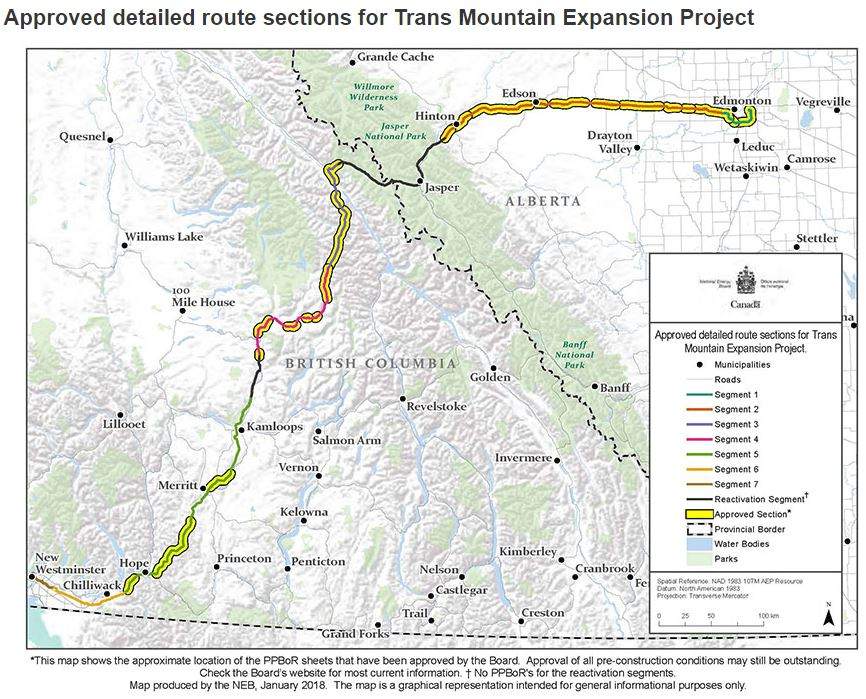 Approved sections of the Trans Mountain pipeline expansion.