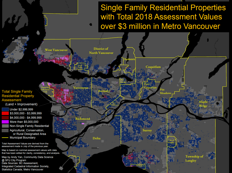 This chart shows single-detached homes with assessed values over $3 million across Metro Vancouver.