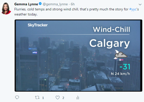 Wind chill values in Calgary ranged from -29 to -33 on the morning of Saturday Feb. 3, 2018.