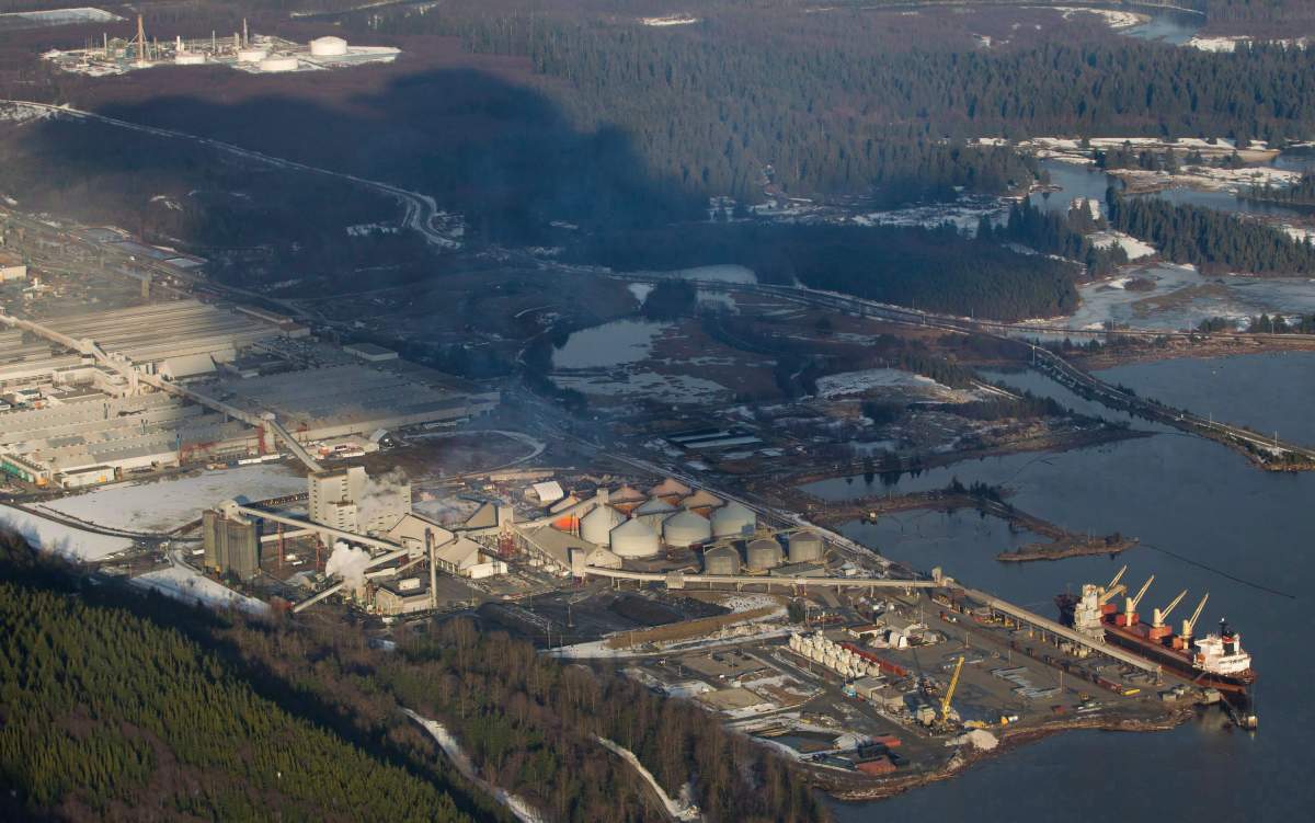 A cargo ship sits docked at Rio Tinto Alcan's Kitimat Smelter on Douglas Channel on Jan. 10, 2012.