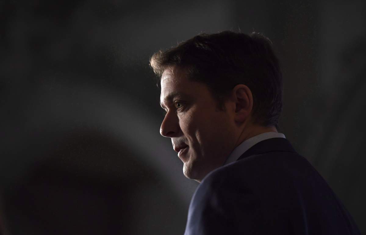 Conservative Leader Andrew Scheer speaks to reporters during a media availability on Parliament Hill in Ottawa on Tuesday, Feb. 6, 2018.