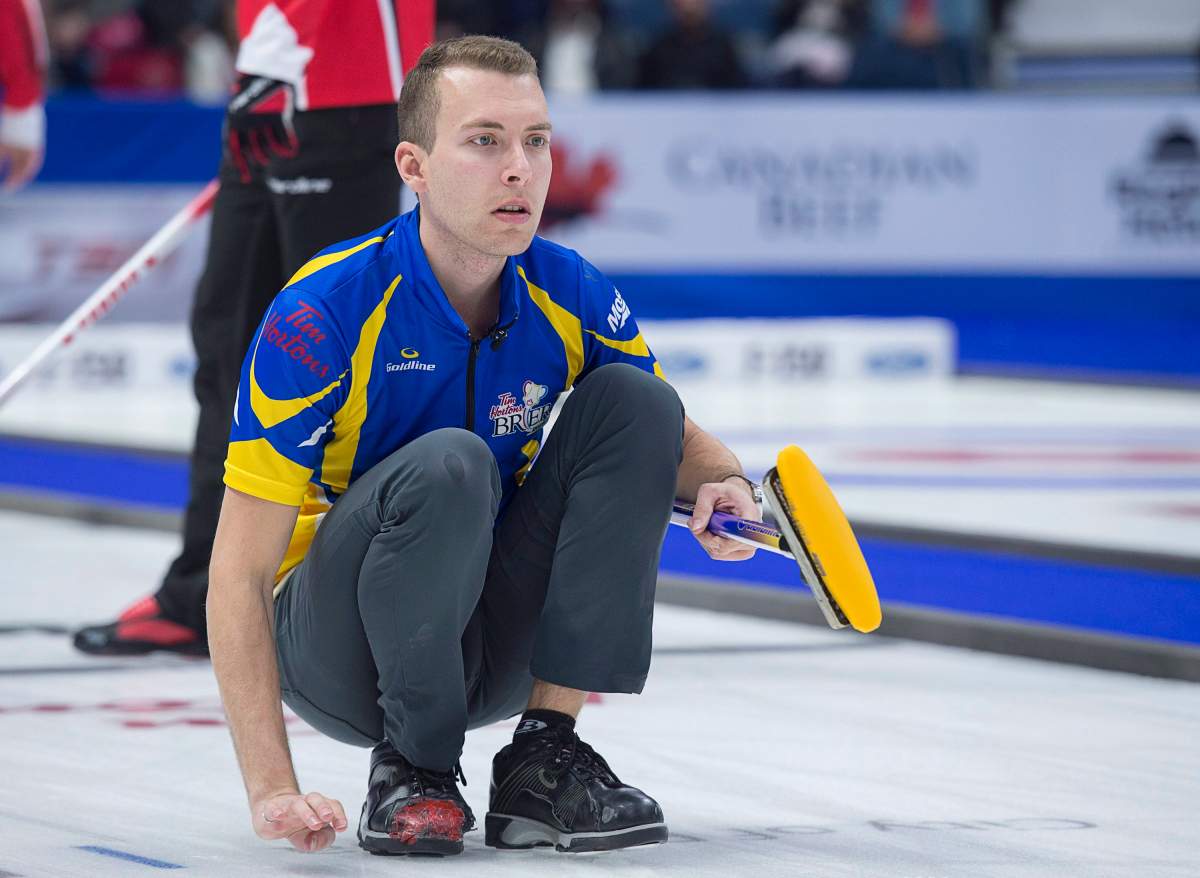 Alberta skip Brendan Bottcher watches a rock as they play Team Canada in the Tim Hortons Brier championship game at the Brandt Centre in Regina on Sunday, March 11, 2018.