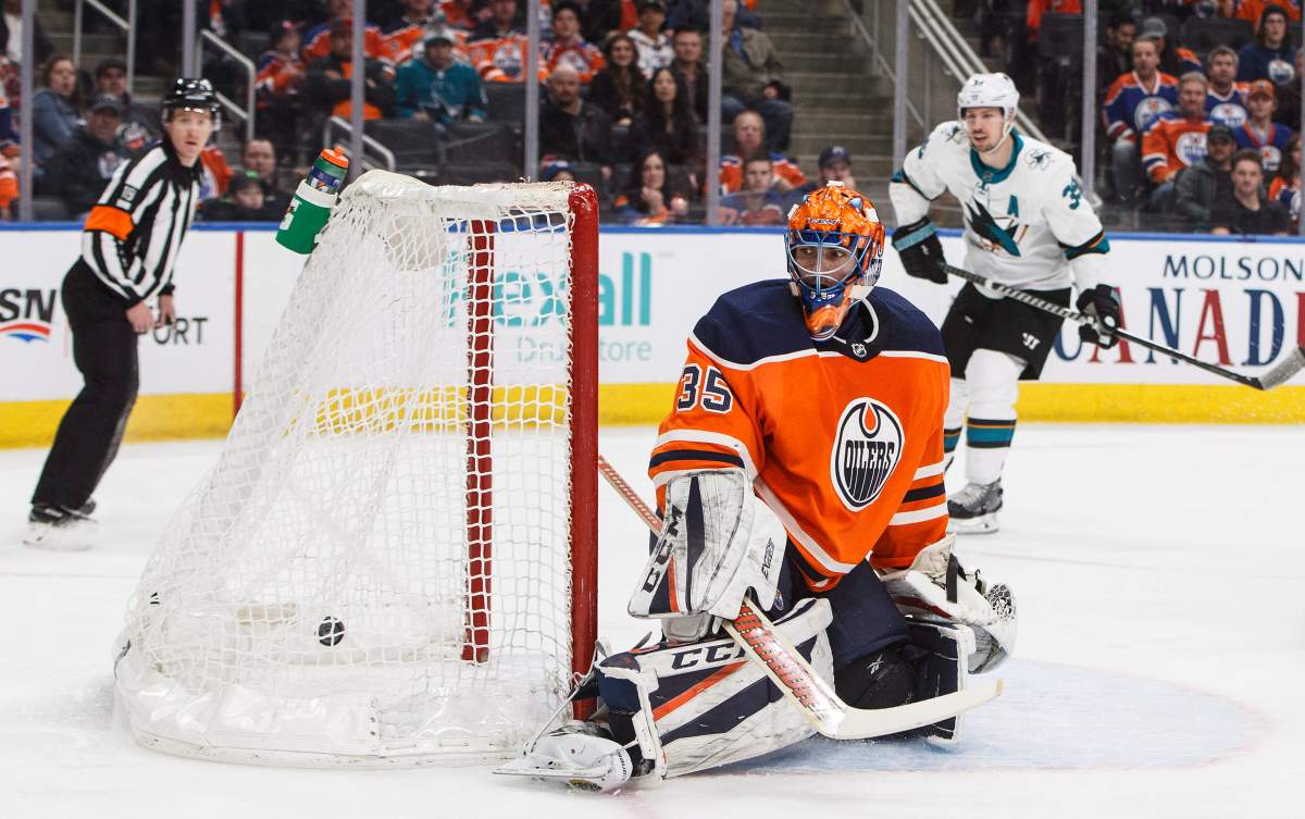 San Jose Sharks score on Edmonton Oilers goaltender Al Montoya (35) during first period NHL action in Edmonton, Alta., on Wednesday March 14, 2018.