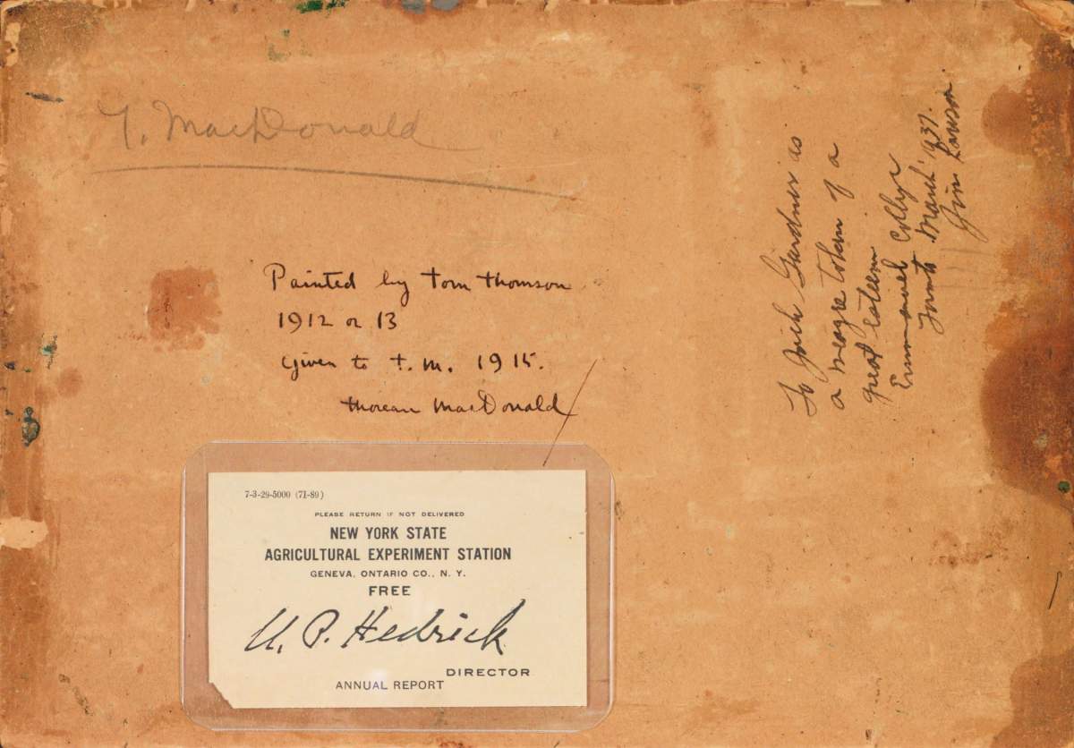 The back of the recently-verified sketch by Tom Thomson.
