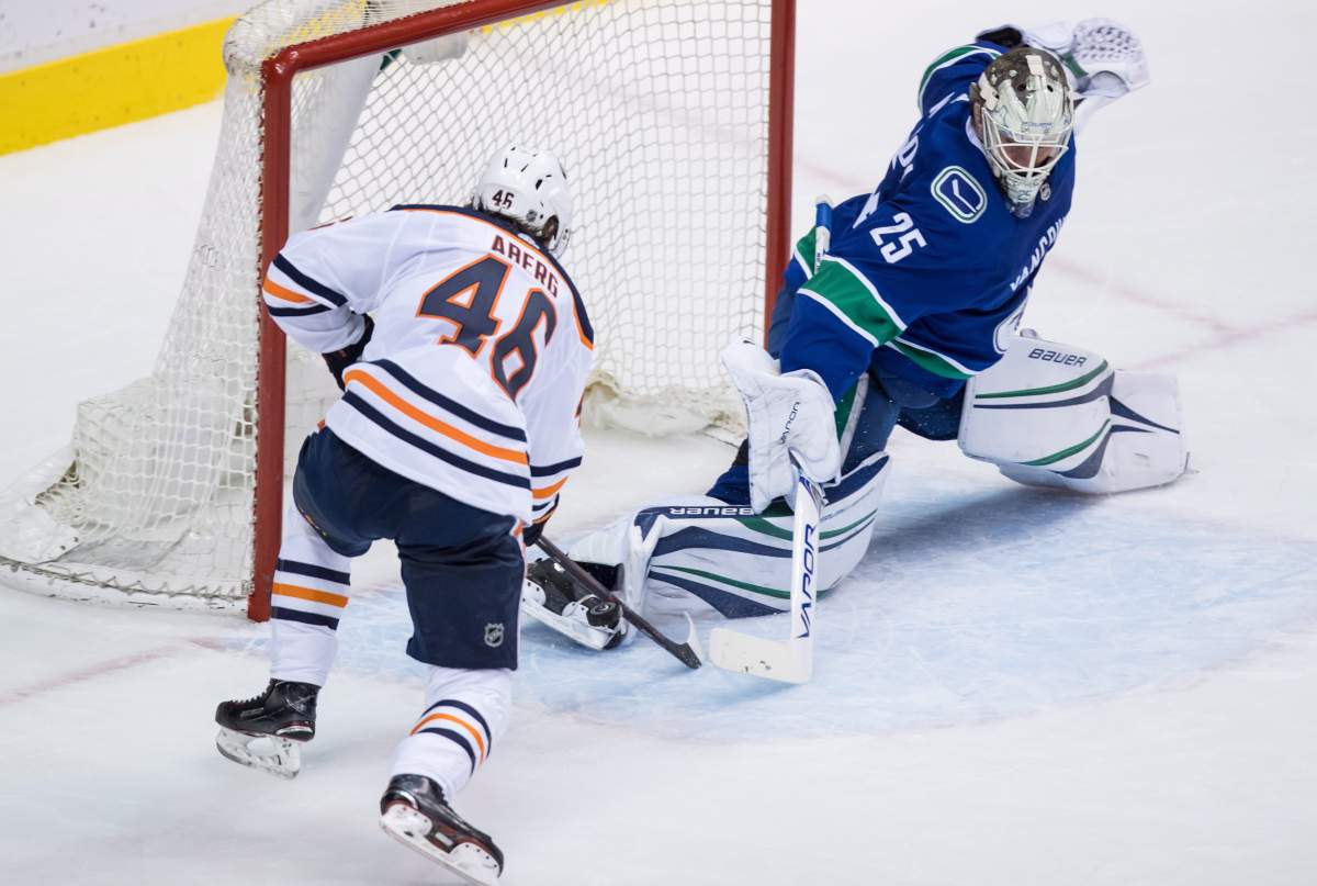 Vancouver Canucks goaltender Jacob Markstrom (25), stops Edmonton Oilers left wing Pontus Aberg (46), both of Sweden, during the second period of an NHL hockey game in Vancouver, B.C., on Thursday March 29, 2018. THE CANADIAN PRESS/Darryl Dyck.