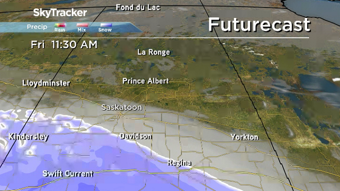 A swath of snow slides into southern Saskatchewan on Good Friday and kicks up clouds into the Saskatoon area.