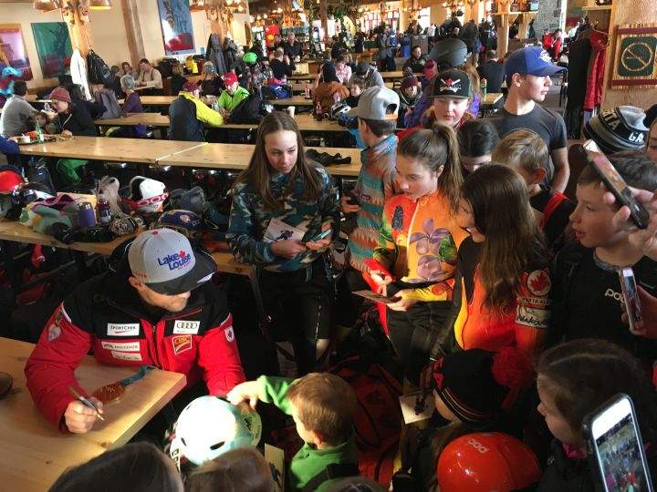 Hundreds of young skiers flocked around Brady Leman March 9, 2018 at Nakiska.