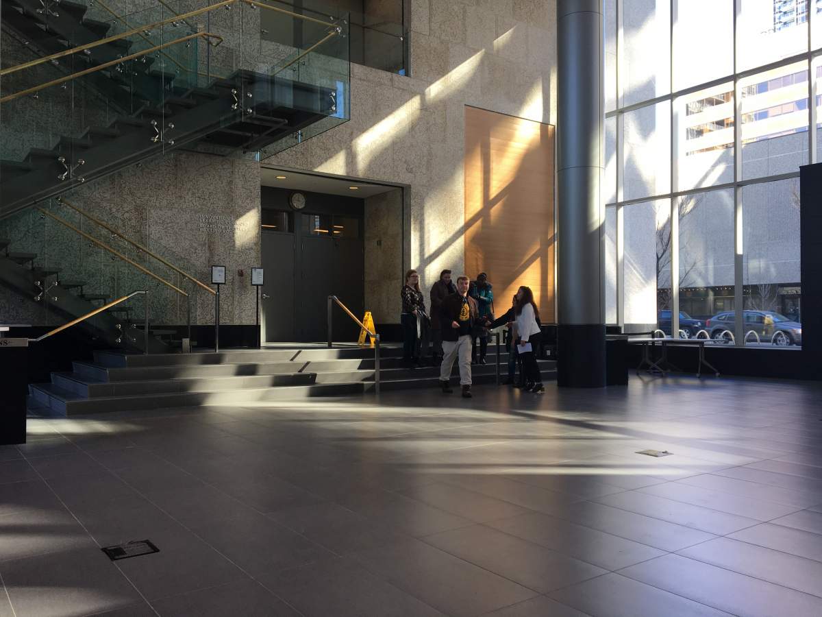 Chinook Learning students gather outside a CBE board meeting