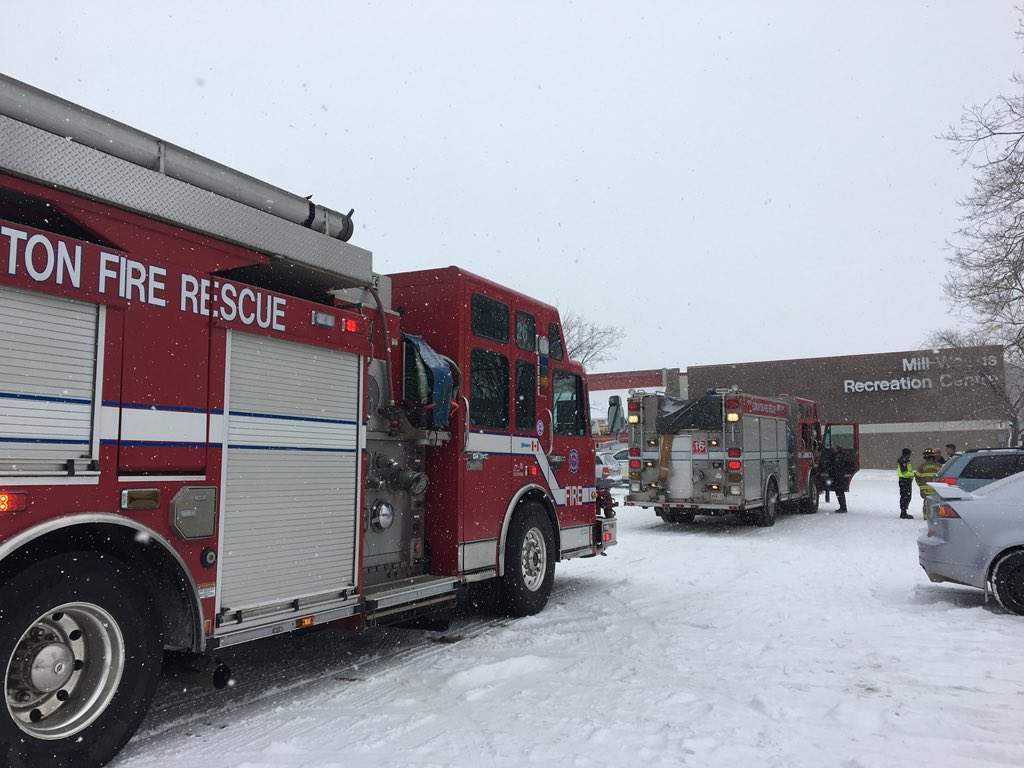 The Mill Woods Recreation Centre is evacuated after a significant chlorine leak, Saturday, March 3, 2018. 