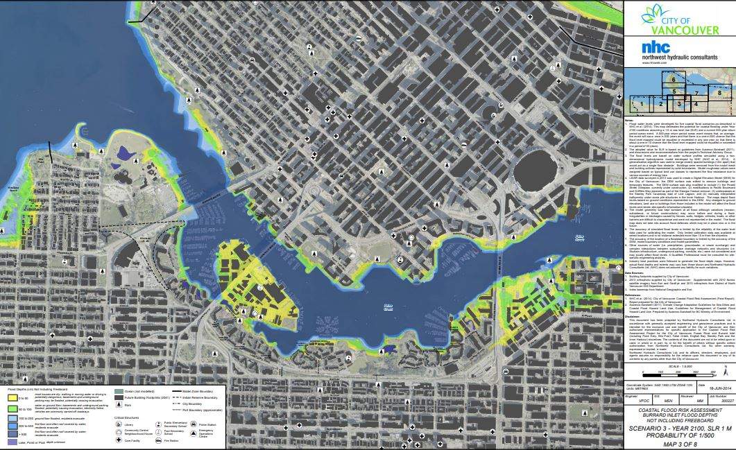 In yellow map shows flood levels from 0-50cm, green depicts 50-100cm, light blue 100 to 200cm, dark blue 500+.