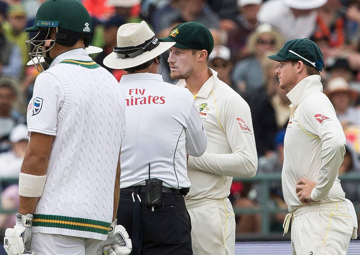 Cameron Bancroft of Australia talks to the umpire on the third day of the third cricket test between South Africa and Australia at Newlands Stadium, in Cape Town, South Africa, Saturday, March 24, 2018.