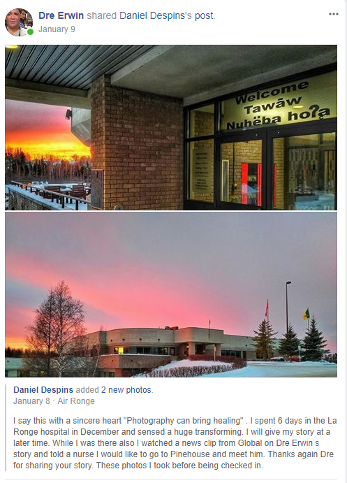 A Facebook post Daniel Despins made on how the Pinehouse Photography Club inspired him during a difficult time.