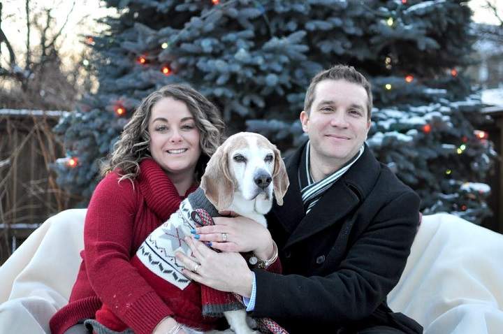 Angela Ferarri-Gibbs, her husband Rocky and their 14-year-old beagle Riley.