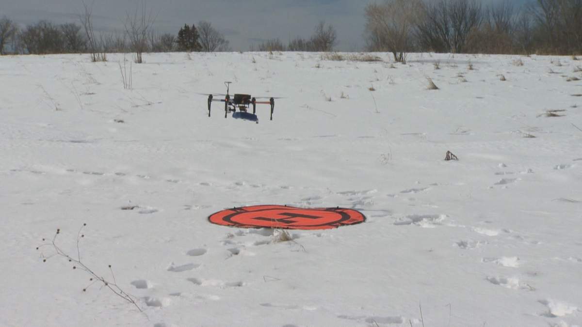 A drone belonging to the Renfrew County paramedics drops off a defibrillator.