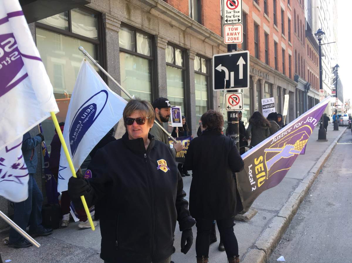 Janitors on the picket line right now outside of Founders Square on March 26, 2018