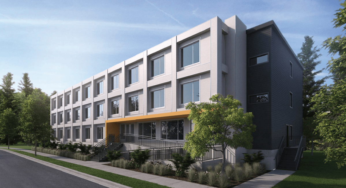 An artist’s rendering of a proposed modular supportive housing project at 7300 Elmbridge Way in Richmond.