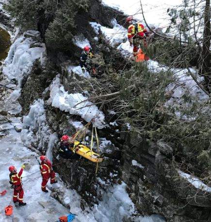 Paramedics assisting fall victim before being transported to trauma centre.