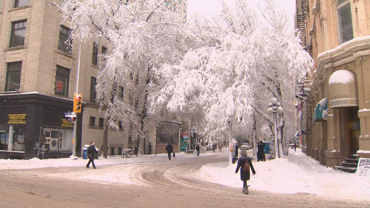 The Exchange district in Winnipeg blanketed in snow.