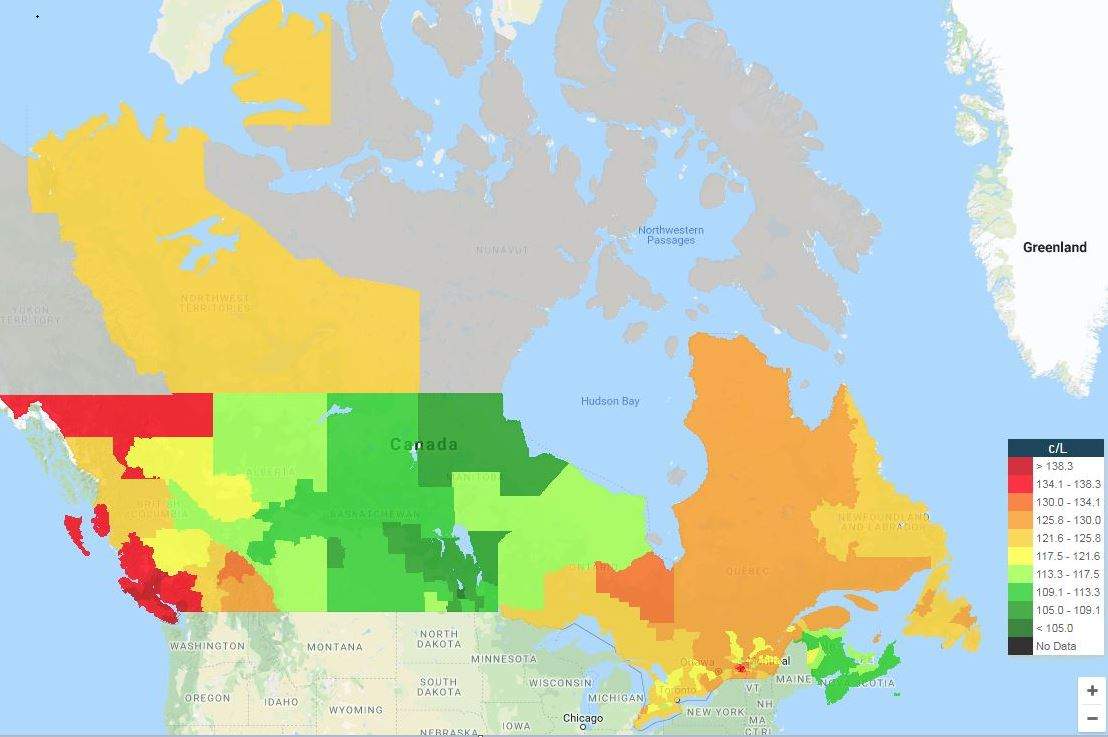 Gas price heat map shows gas prices across Canada.