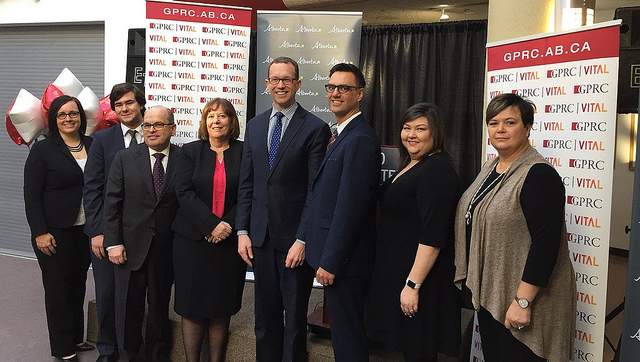 Minister Schmidt announces new degree opportunities at GPRC with Minister McCuaig-Boyd, GPRC president Don Gnatiuk, board chair Natalia Reiman, Students’ Association president Blaine Badiuk, Grande Prairie Mayor Bill Given, Cris Seppola-Podsada, Grande Prairie & District Chamber of Commerce and county reeve Leanne Beaupre.