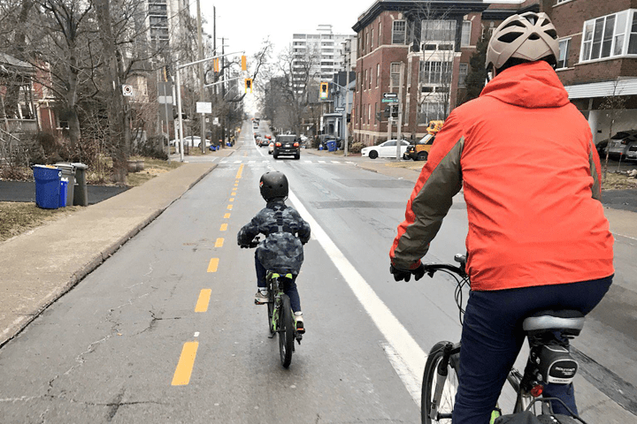 Mayor Fred Eisenberger kicks off Commuting with Council campaign with six-year-old Oliver.