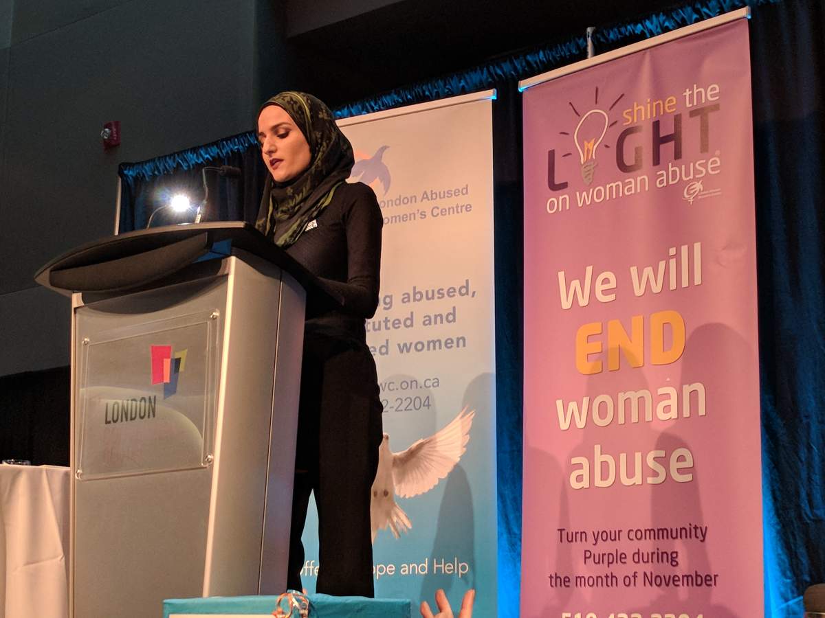 Najwa Zebian speaking at the 18th annual International Women's Day Breakfast.
