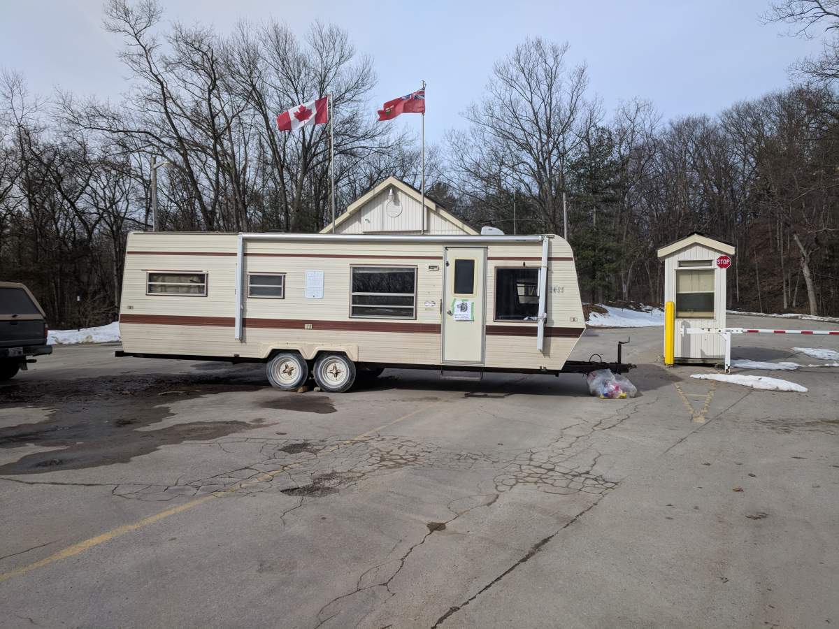 A trailer blocks the entrance to Pinery Provincial Park on March 21, 2018.