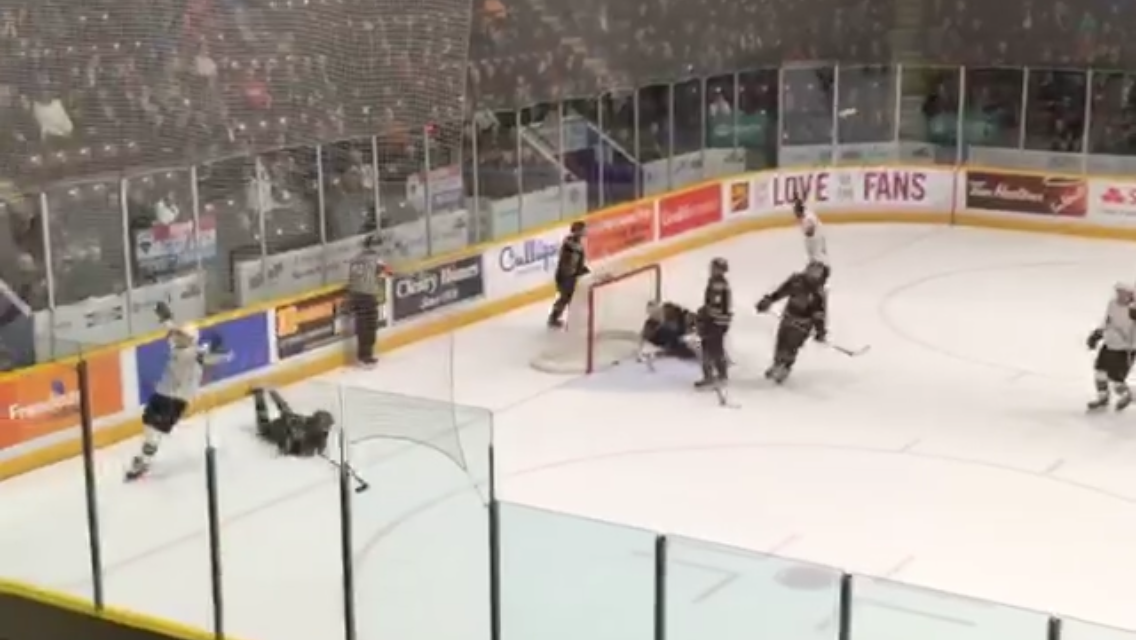 London Knights forward Alex Formenton celebrates the game-winning goal with 3:31 remaining in the third period as the Knights ended the Petes 4-3 in Peterborough on Thursday. 