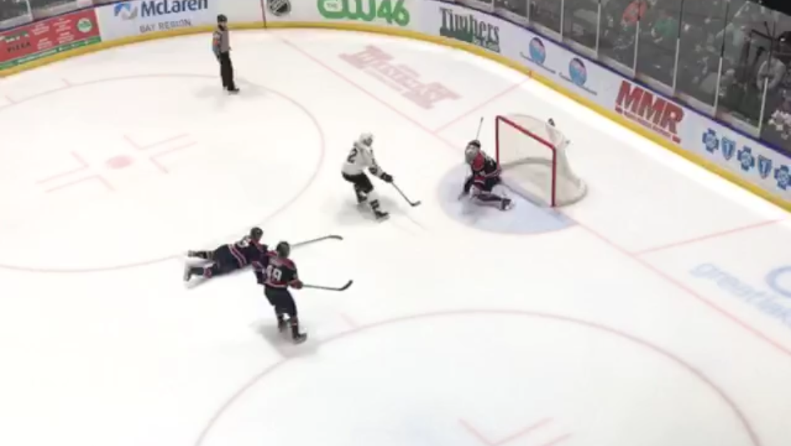 London Knights' captain Evan Bouchard lifts the game winning goal into the Spirit net in overtime to give the Knights a 4-3 victory.