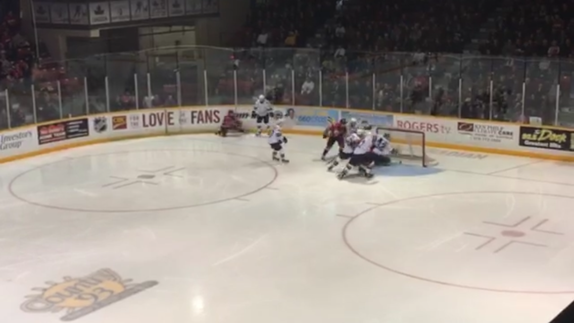 Maksim Susko of the Owen Sound Attack scores what would stand up as the game-winning goal against London as Owen Sound edged the London Knights 5-4 in Game 1 of their first-round series.