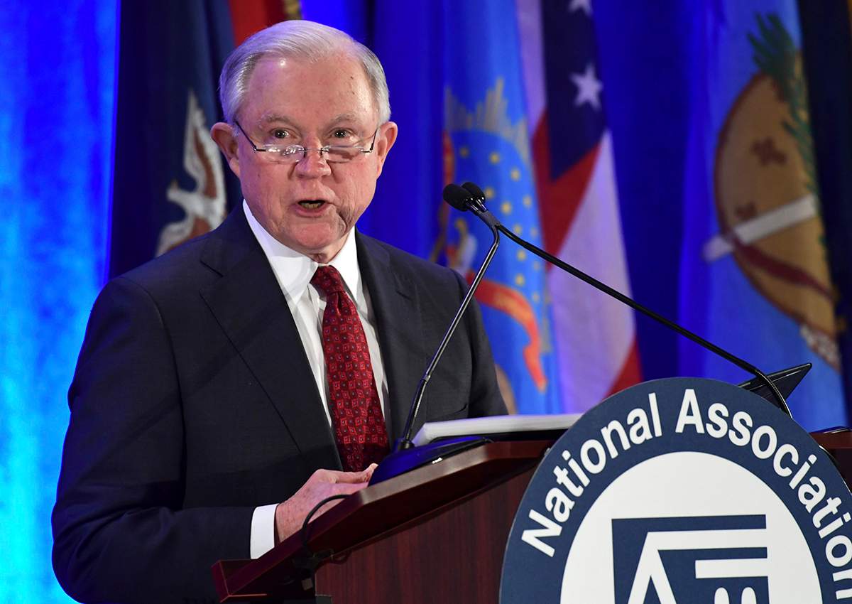 In this Tuesday Feb. 27, 2018 file photo is Attorney General Jeff Sessions speaking at the National Association of Attorneys General Winter Meeting in Washington. 