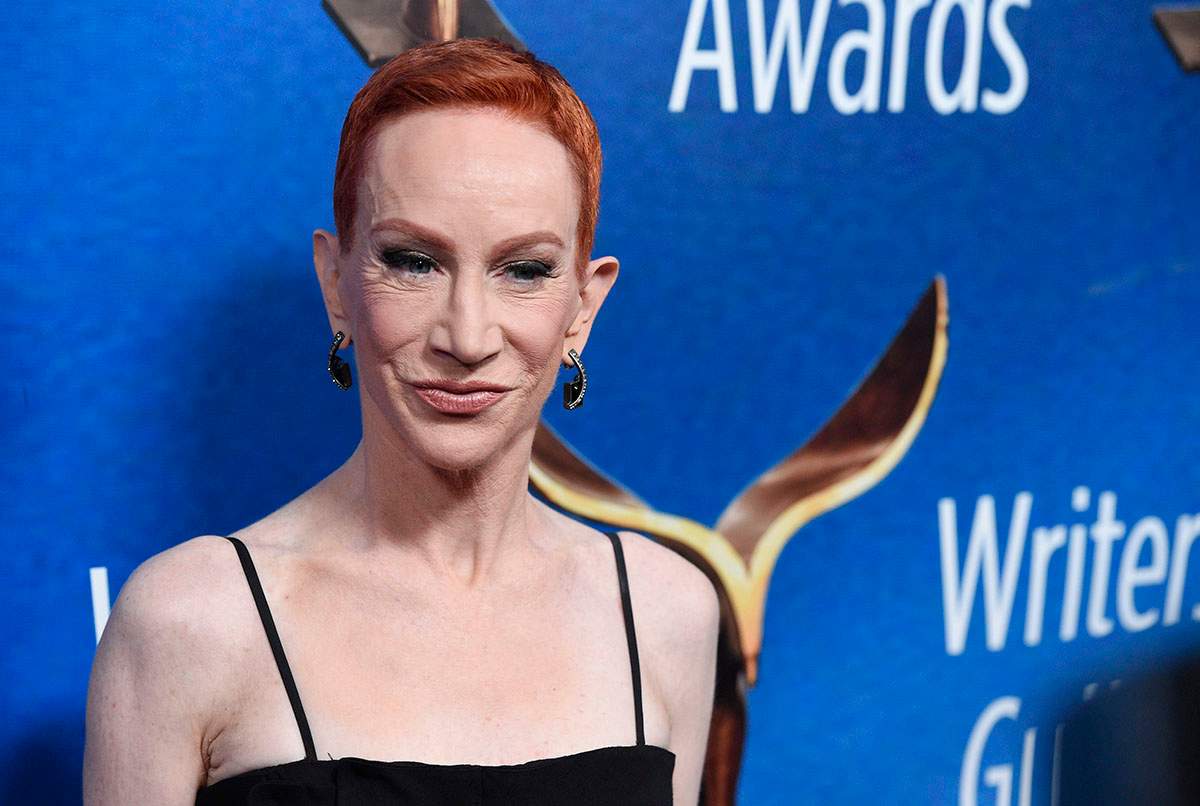 Kathy Griffin poses at the 2018 Writers Guild Awards at the Beverly Hilton in Beverly Hills, Calif.  Griffin says she‚Äôll be appearing in upcoming shows in New York and Washington.