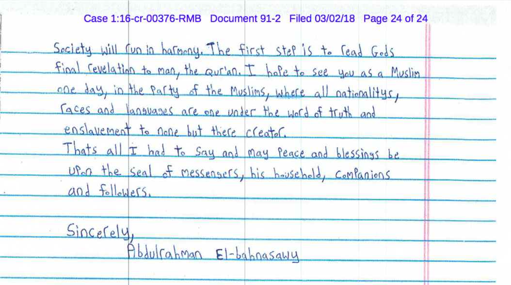 Ahead of his sentencing, Abdulrahman El-Bahnasawy wrote a 24-page letter to the judge explaining how he believed he became radicalized.