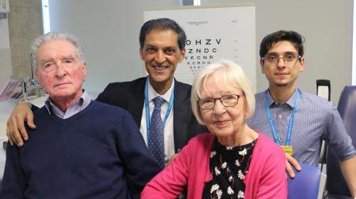 Douglas Waters, one of the patients who had the operation, with (left to right) Prof Lyndon da Cruz, Douglas’s wife Freda Waters, and Odysseas Georgiadis.
